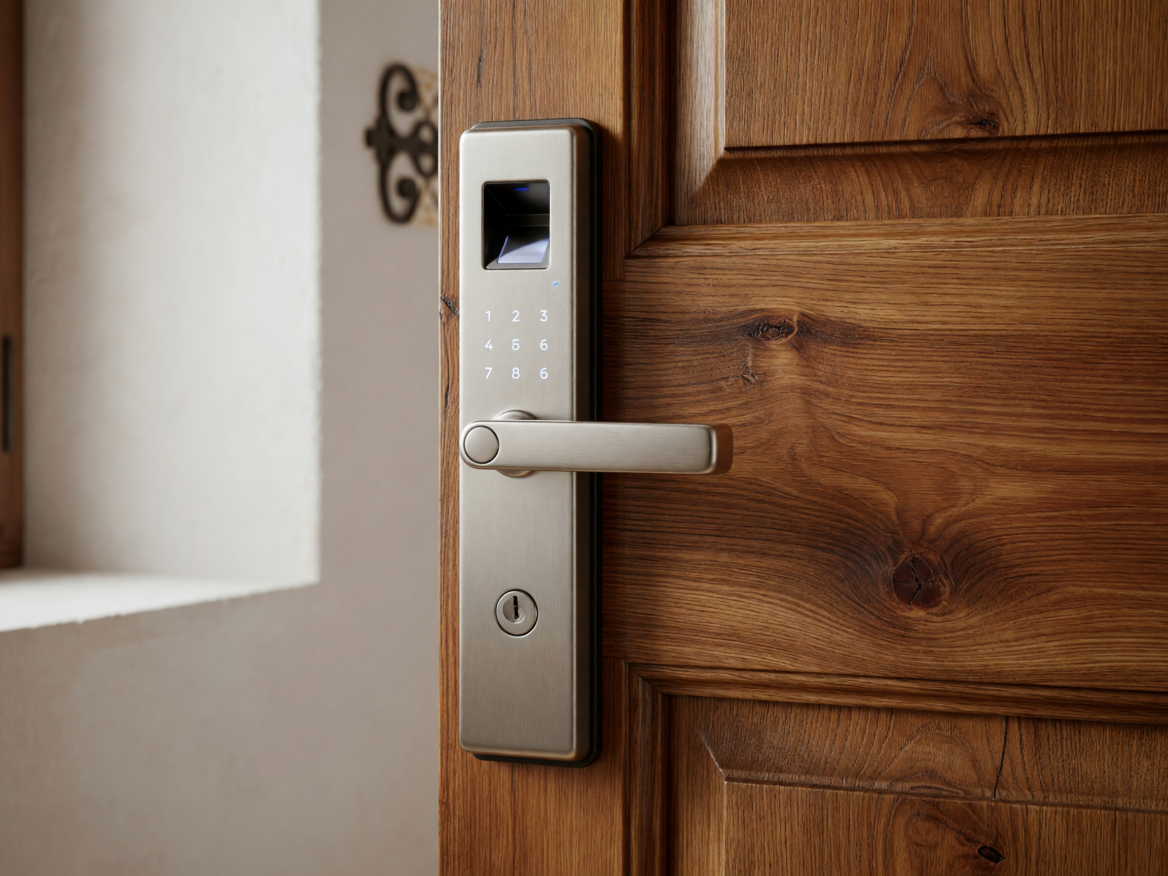 Cerradura inteligente con integración biométrica en puerta de lujo