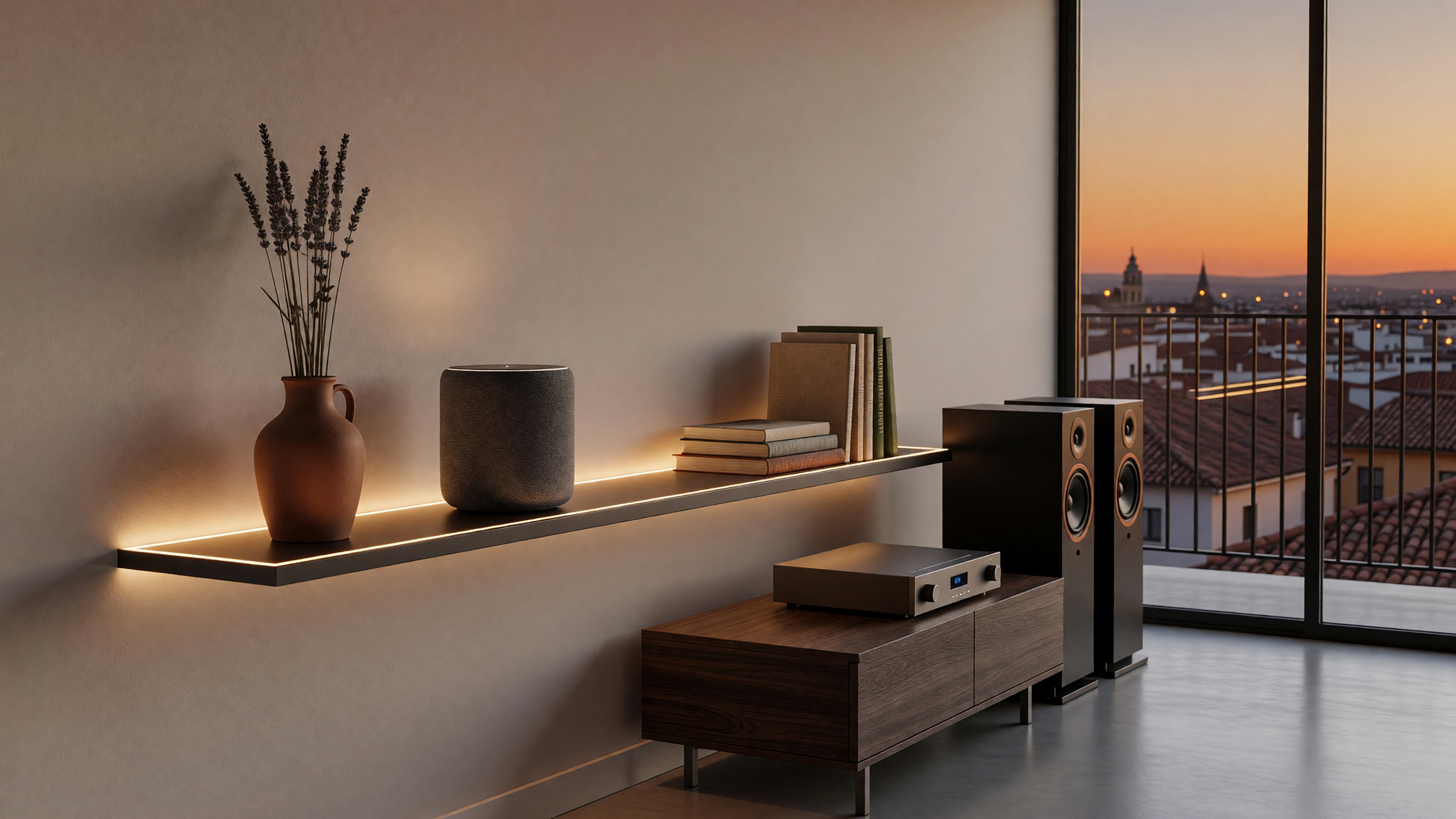 Altavoz inteligente premium integrado en estantería minimalista