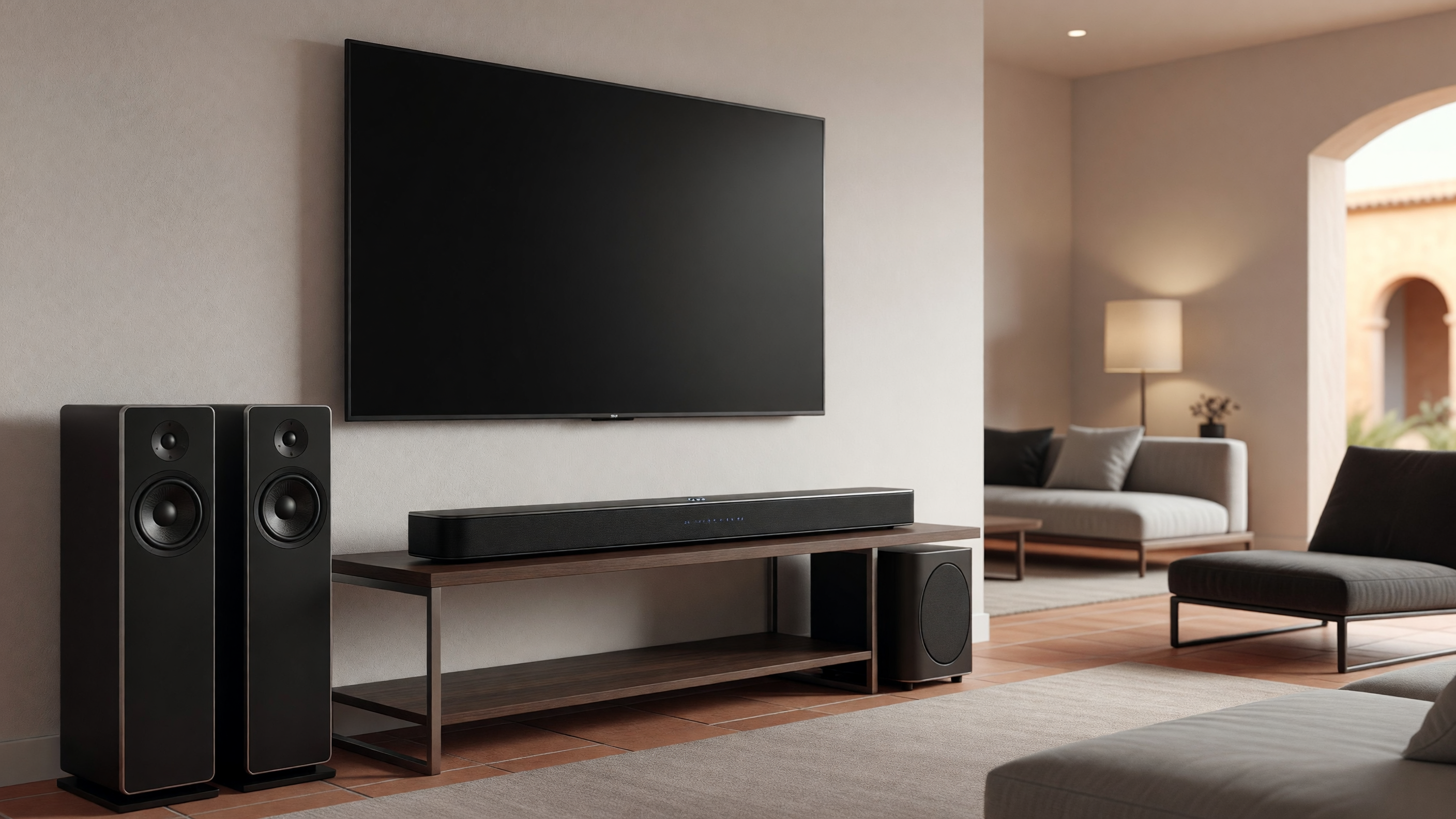 Barra de sonido premium instalada bajo un televisor de perfil bajo